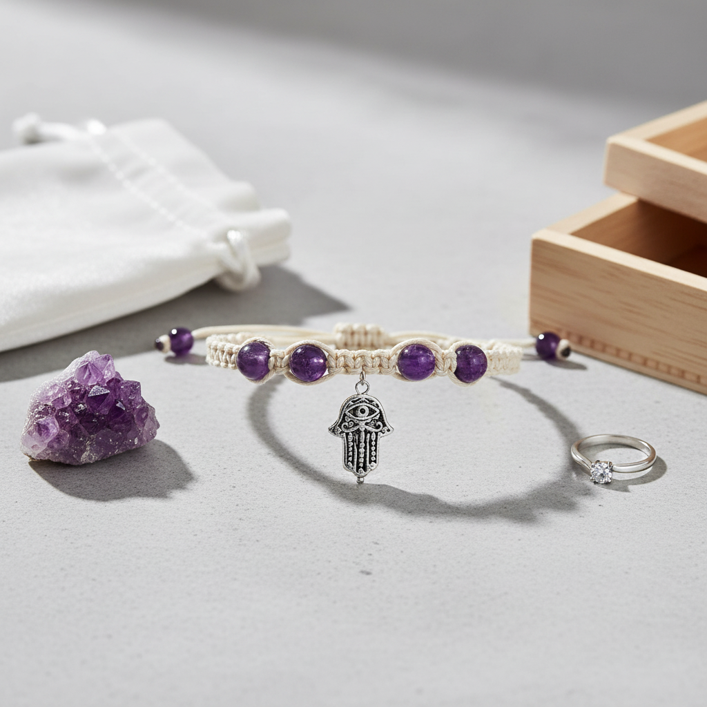 Palmistry Vibes: Amethyst Hamsa Hemp Bracelet