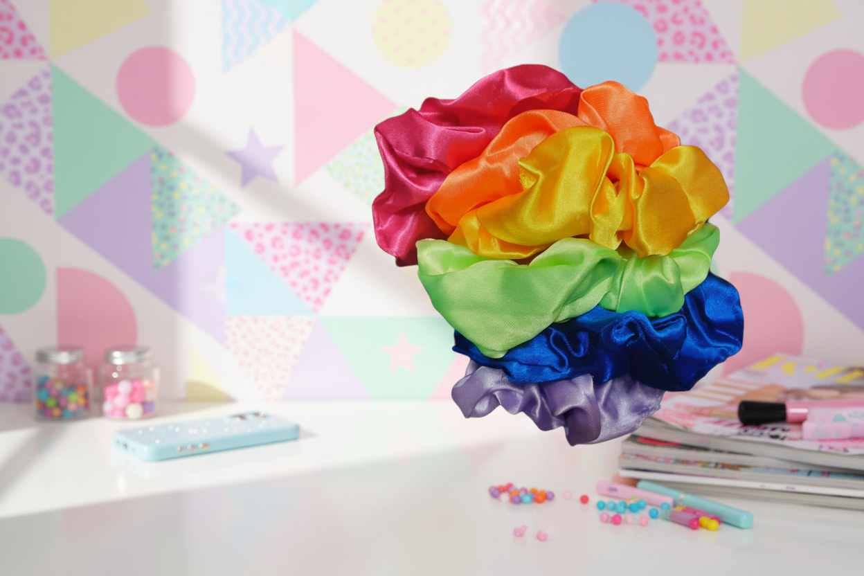 “Mood Ring Mane” – Rainbow Satin Scrunchie Set