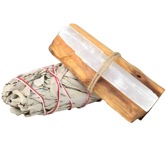 “Sacred Smoke Trio” – Abundance Crystal Kit with Sage, Palo Santo & Selenite