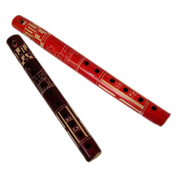 Bamboo Hand Painted Flute Carved 9" Peru Fair Trade