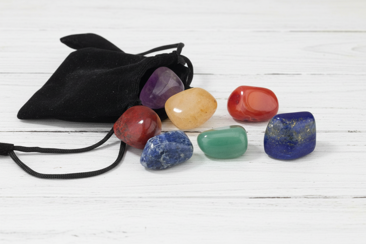 Boho Balance: Velvet Chakra Stone Pouch – 7 Chakra Healing Crystals Set