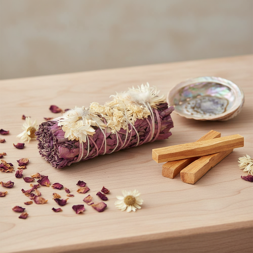 Purple White Sage + White Flower Bundle – 4" Cleansing Ritual Stick
