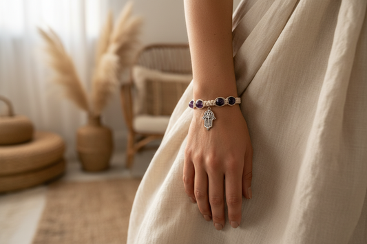 Palmistry Vibes: Amethyst Hamsa Hemp Bracelet