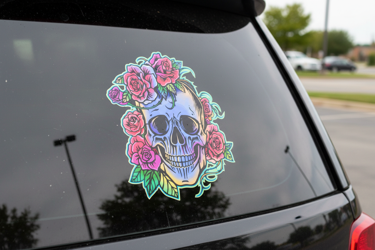 “Dead Petal Society” – Gothic Skull & Roses Vinyl Window Charm
