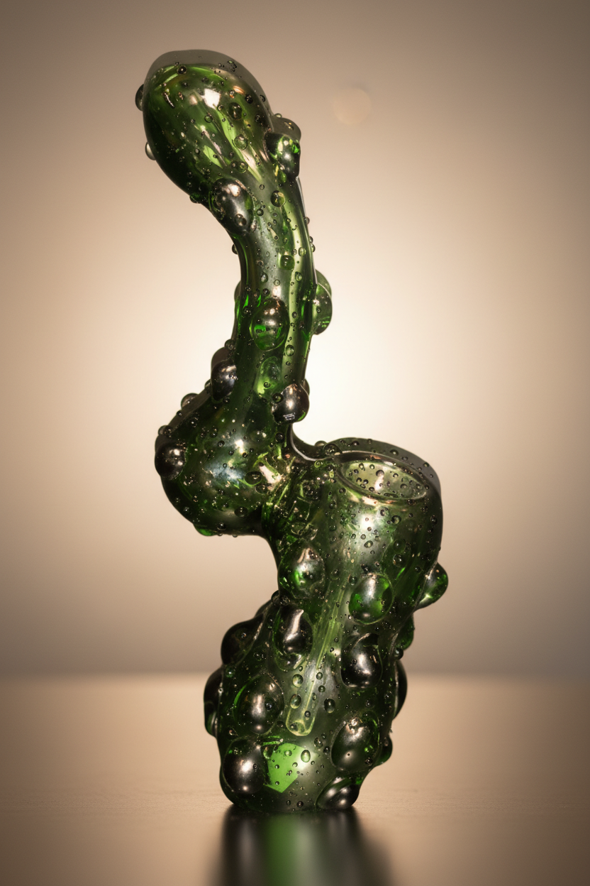 “The Grumble Glorb” – Bumpy Green Glass Bubbler Pipe