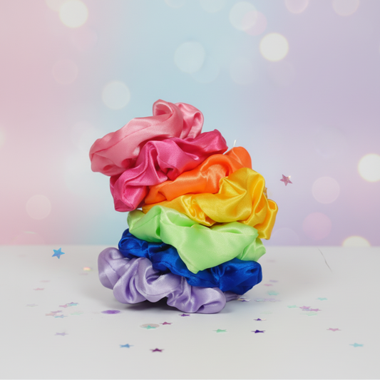 “Mood Ring Mane” – Rainbow Satin Scrunchie Set