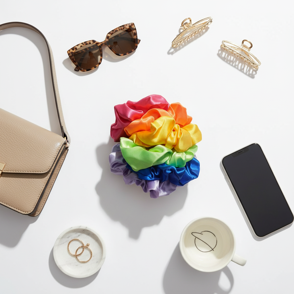 “Mood Ring Mane” – Rainbow Satin Scrunchie Set