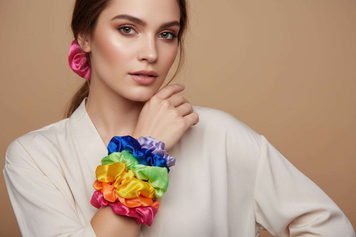“Mood Ring Mane” – Rainbow Satin Scrunchie Set