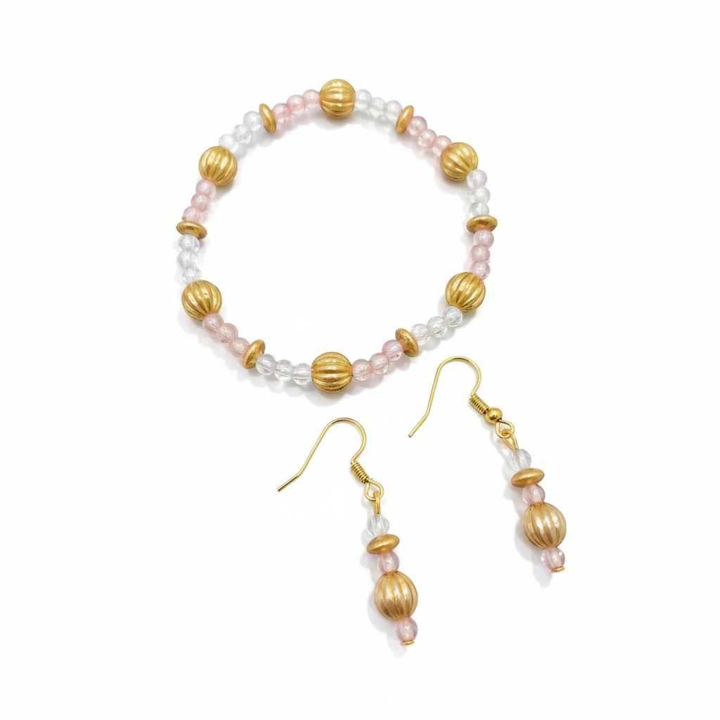 Golden Hour Groove Set - Blush & Gold Beaded Bracelet + Dangly Earrings