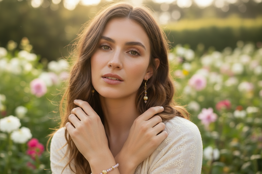 Golden Hour Groove Set - Blush & Gold Beaded Bracelet + Dangly Earrings