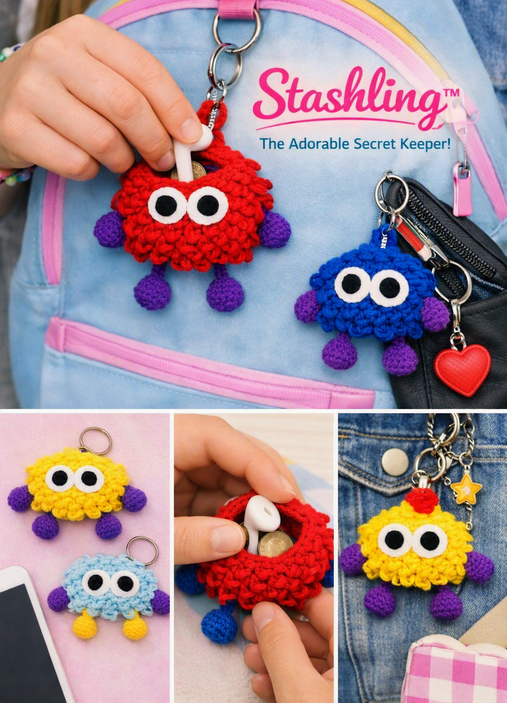 Stashlings™ Cute Handmade Keychain Stash Buddy Handmade Plush Clip‑On Friend for Keys, Bags & Backpacks